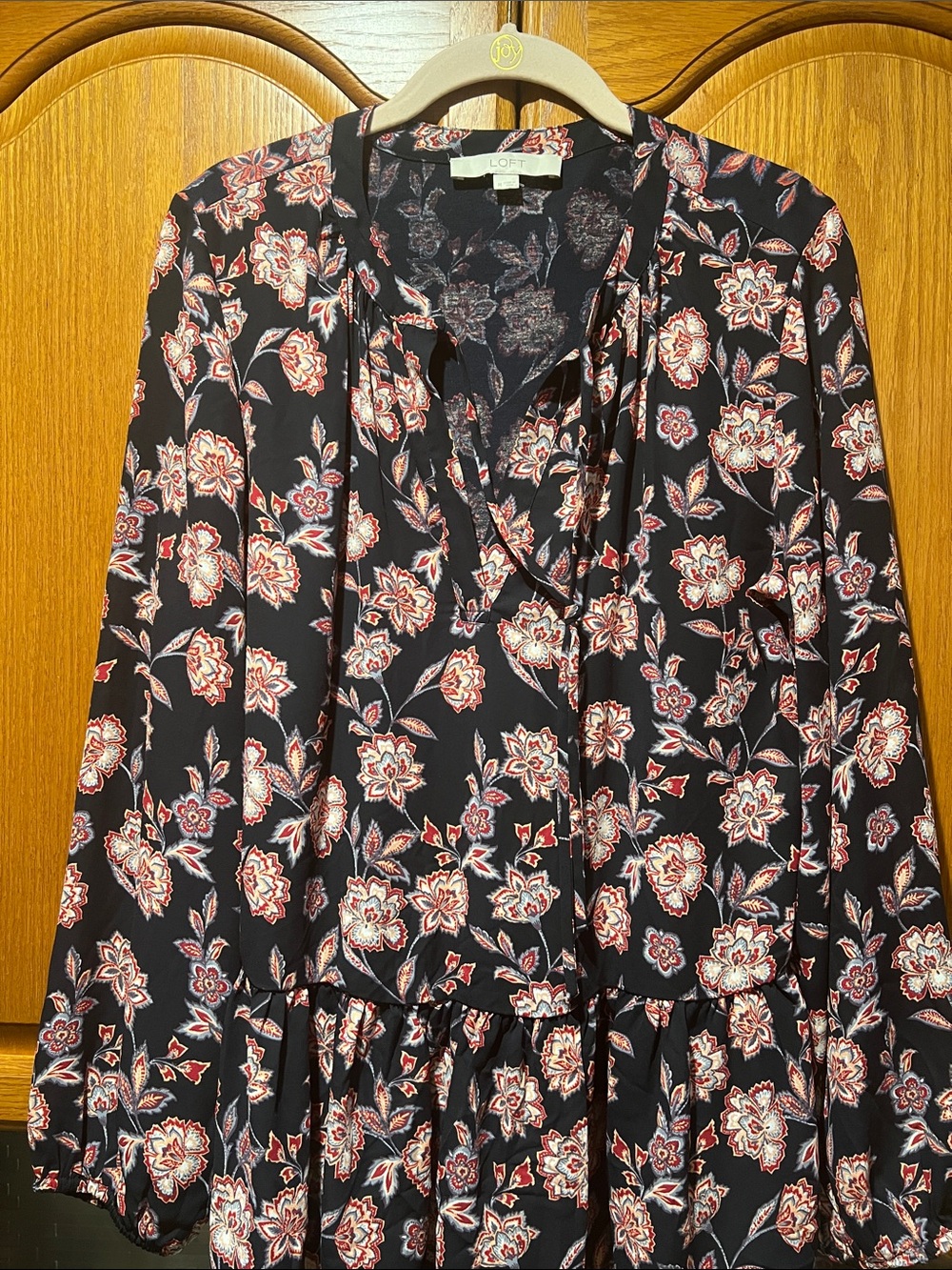 LOFT Black Floral Peasant Tunic with Red and Cream Accents
